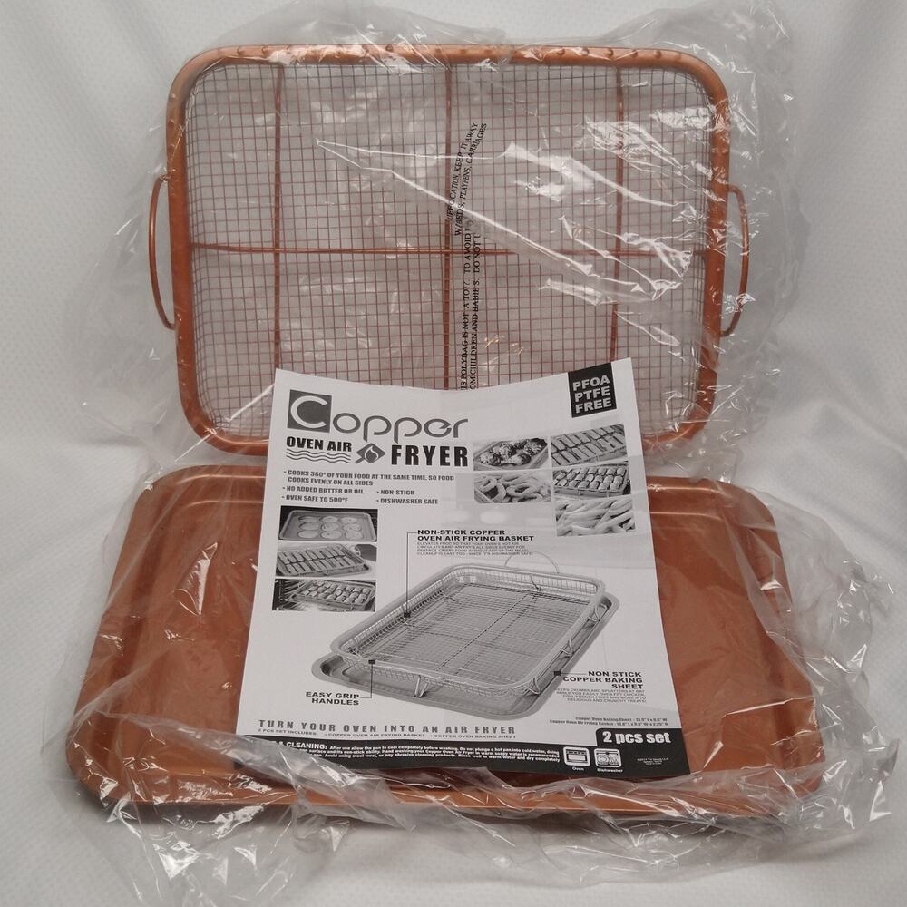 Copper Oven Air Fryer Crisper Basket Tray 2 Piece Set Non Stick New Box